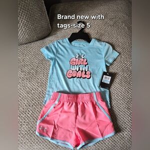 Under Armour Light Blue Tee & Pink Athletic Shorts Set